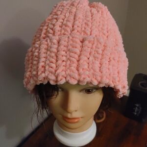 Handmade Beanie Crochet Soft Velvet Yarn Pink One Size